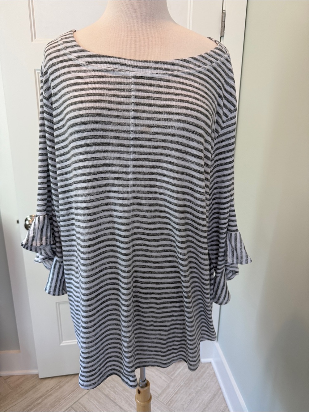 Westbound Striped Boatneck Top with Ruffle Sleeve - Gray and White